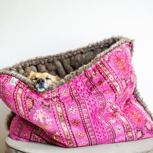 Pink kilim - faux fur snuggle sack | cuddle cave | travel bed | anti-anxiety dog bed | nest bed