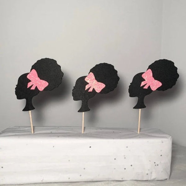 Afro Cupcake Toppers/Afro Silhouette Cupcake Toppers/Pink Bow Cupcake Toppers