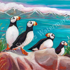 Puffins: from my painting &quot;4 Puffins&quot; signed metal print 8 x 10