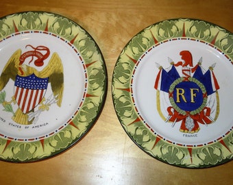 2 Antique Vintage Frank Beardmore Fenton National Emblem Cabinet Plate France USA