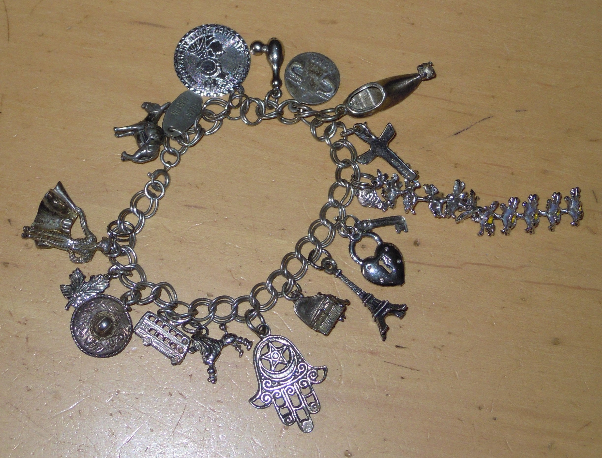 Vintage Mexican Sterling Silver 7 Charm Bracelet Rosi Beguden Mexico City  1950s