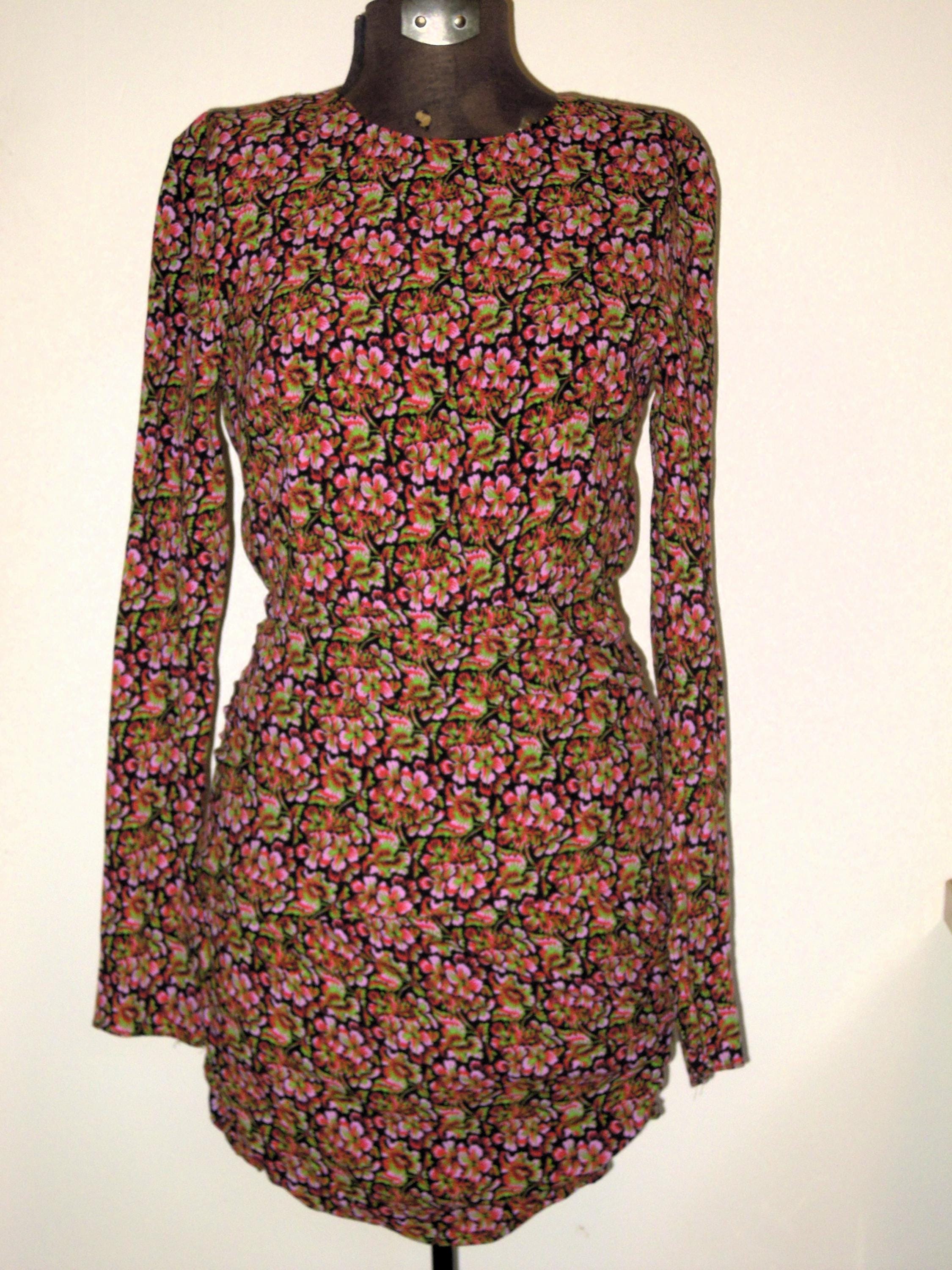 zara black and pink floral dress Zara Pink Black Floral Long Sleeve Pleated Cuffs Back Cut Out Mini Dress  Size M