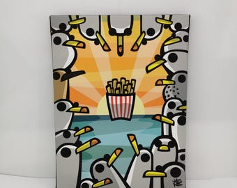 May include: A cartoon illustration on canvas features a group of penguins surrounding a container of french fries. The background shows a sunset over the ocean. The penguins are gray and white with yellow beaks.