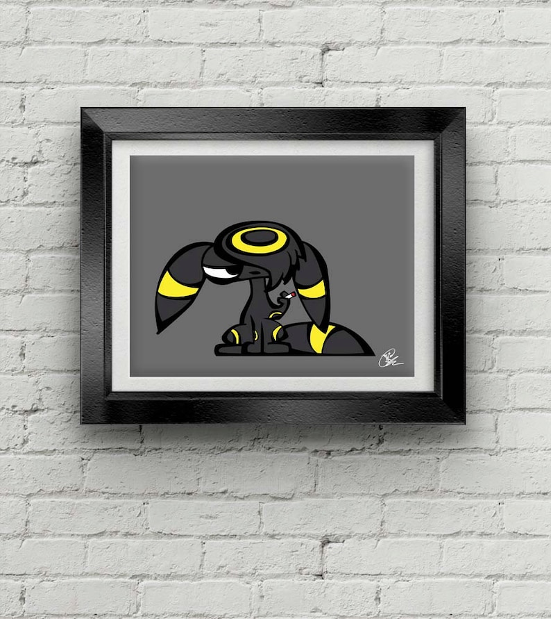 May include: A black and yellow cartoon illustration of a Pokemon character with a sad expression. The character has a yellow ring around its head and a cigarette in its mouth.