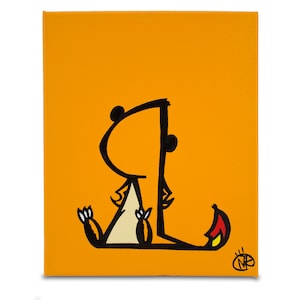 May include: A black and white line drawing of a cartoon creature with a yellow background. The creature has a large head, a small body, and a tail with a red flame. The creature is sitting on its haunches.