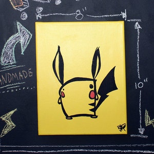May include: A yellow canvas painting of a cartoon character with black outlines and red cheeks. The character has a black tail and large ears. The painting is 10 inches tall and is labeled "handmade".