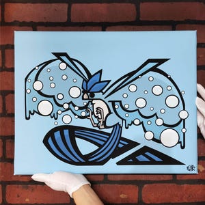 May include: A blue and white cartoon bird with large wings, riding a blue and white striped surfboard. The bird has a blue crest and is blowing bubbles. The background is light blue.