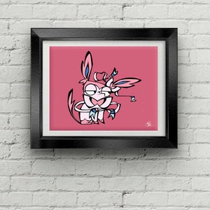 May include: A pink cartoon illustration of a Pokemon character with blue and white accents. The character is in a playful pose with its arms crossed and a mischievous expression.