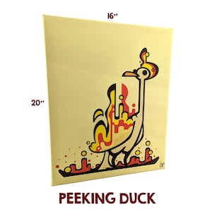May include: A 20" x 16" canvas print featuring a stylized illustration of a duck. The artwork has a yellow background with a duck design in red, yellow, and black. The text "PEEKING DUCK" is at the bottom.