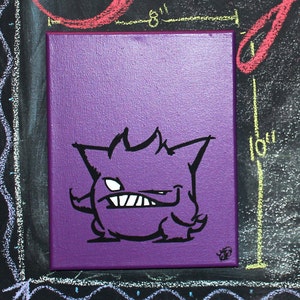 May include: A purple canvas painting with a black and white illustration of a cartoon monster with a menacing expression.