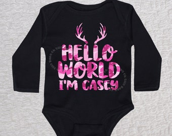 Hello World Camo Girl Bodysuit, Pink Camo, Baby Shower, Gender Reveal, Hunting, Baby Outfit