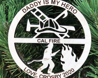 Firefighter Personalized Christmas Ornament, Engraved, Maple Wood, Mommy Is My Hero, Daddy Is My Hero, Mommy Is My Hero, Laser Cut, Keepsake