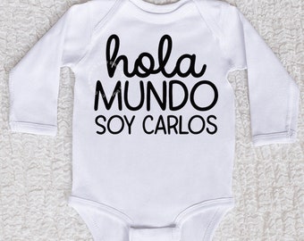 Hola Mundo Hello World Personalized Name Bodysuit, New Baby Arrival, Baby Shower, Boy, Baby