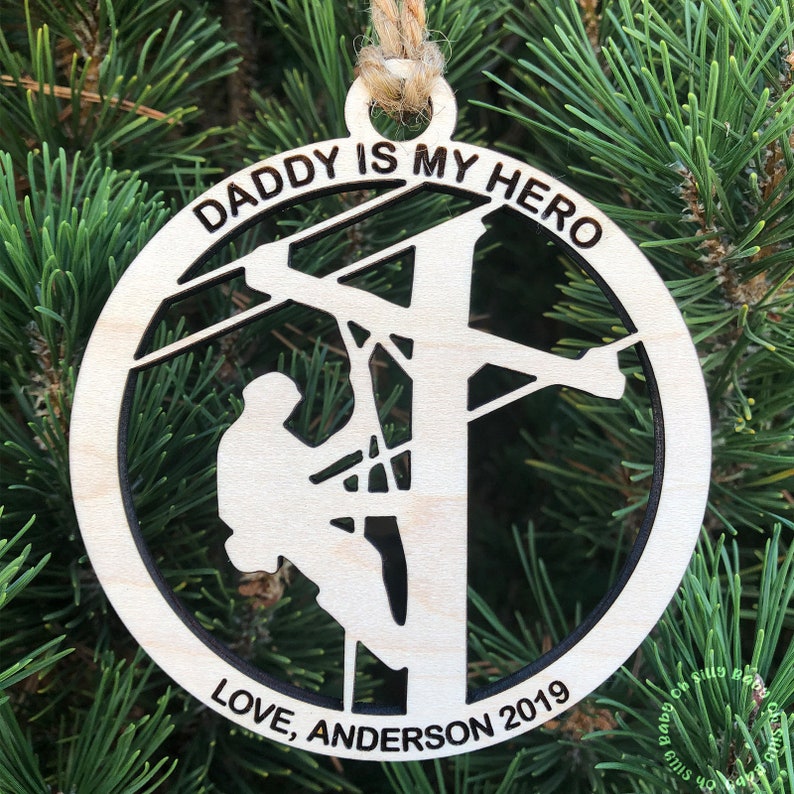 Lineman Personalized Name Christmas Ornament, Engraved, Maple Wood, 1/4 Thick, Daddy Is My Hero, Laser Cut image 1