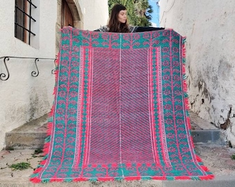 Antique handwoven Spanish throw or rug made with linen, wool and cotton - Alpujarreña rug early XX century