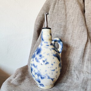 Ceramic olive or vinegar bottle handmade in Spain Kitchen storage container of 500 ml white/cream & blue