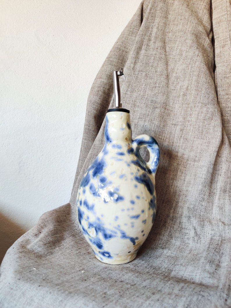 Ceramic olive or vinegar bottle handmade in Spain Kitchen storage container of 500 ml white/cream & blue