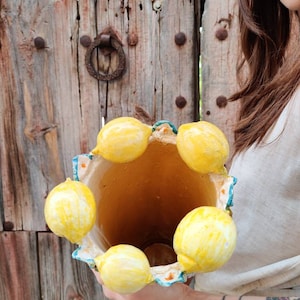 Hand made ceramic vase with ceramic lemons made in Spain image 10