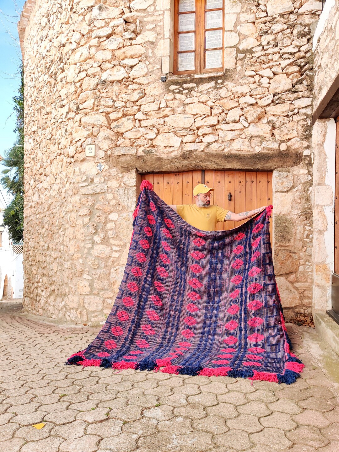 Antique Handwoven Overshot Coverlet Spanish Traditional Folk Loop Pile