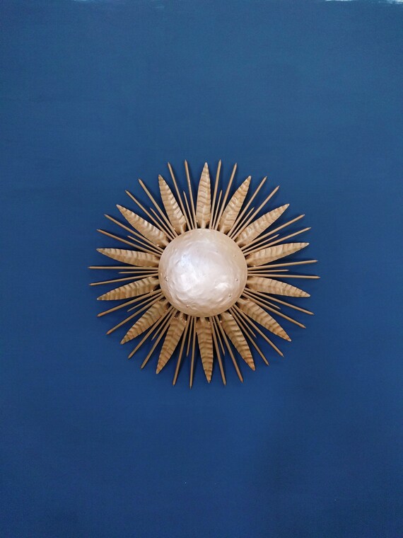 Vintage Big Sunburst Iron Ceiling Lamp Middle Century Golden Sun Shaped Lamp Cone Lamp
