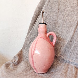 Ceramic olive or vinegar bottle handmade in Spain Kitchen storage container of 500 ml Watery pink
