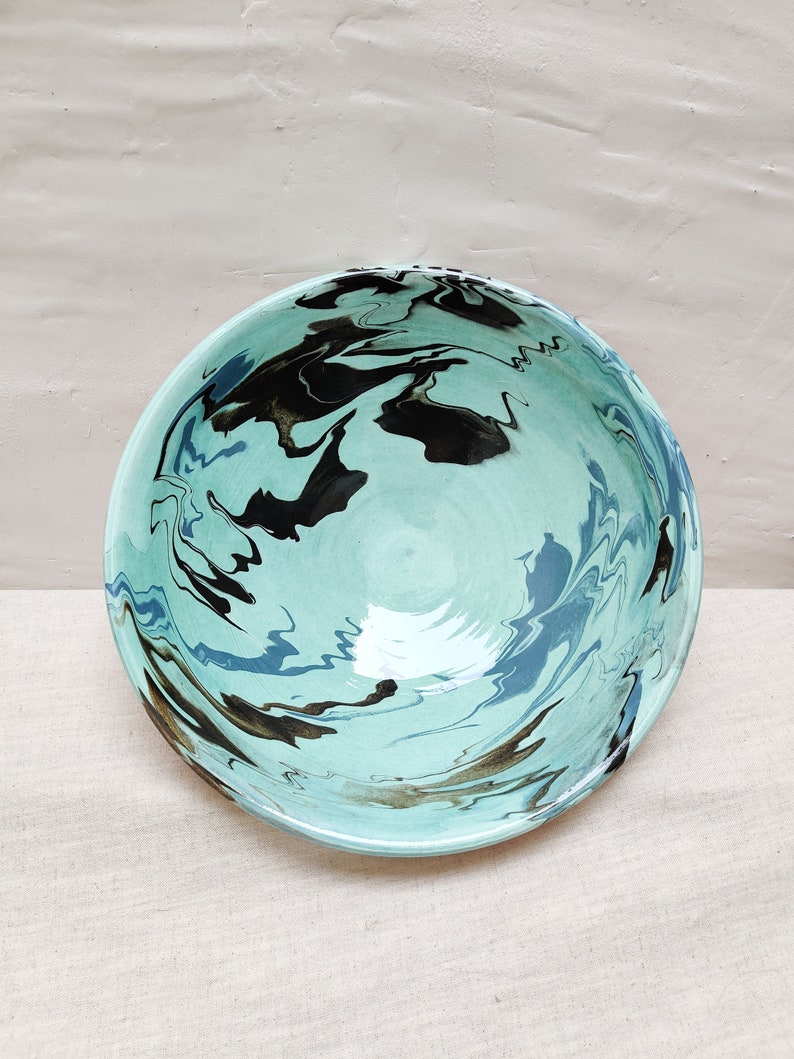 Traditional ceramic serving bowl handmade in Spain seafoam marbled image 6