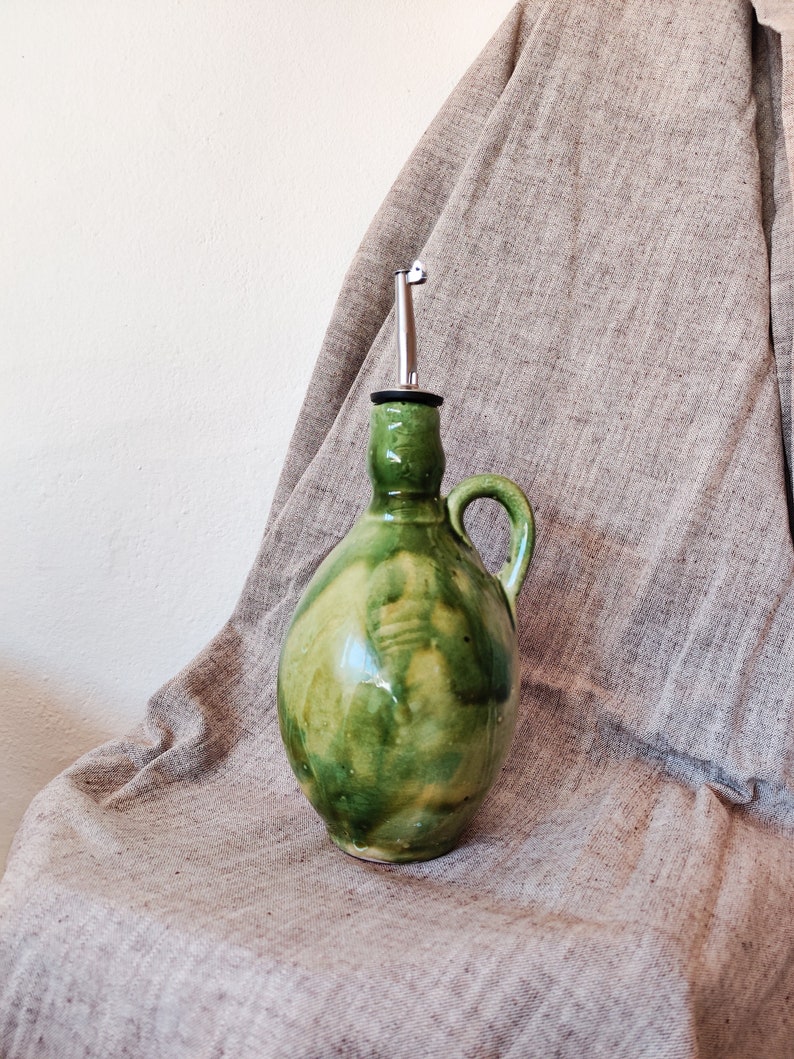 Ceramic olive or vinegar bottle handmade in Spain Kitchen storage container of 500 ml Watery green