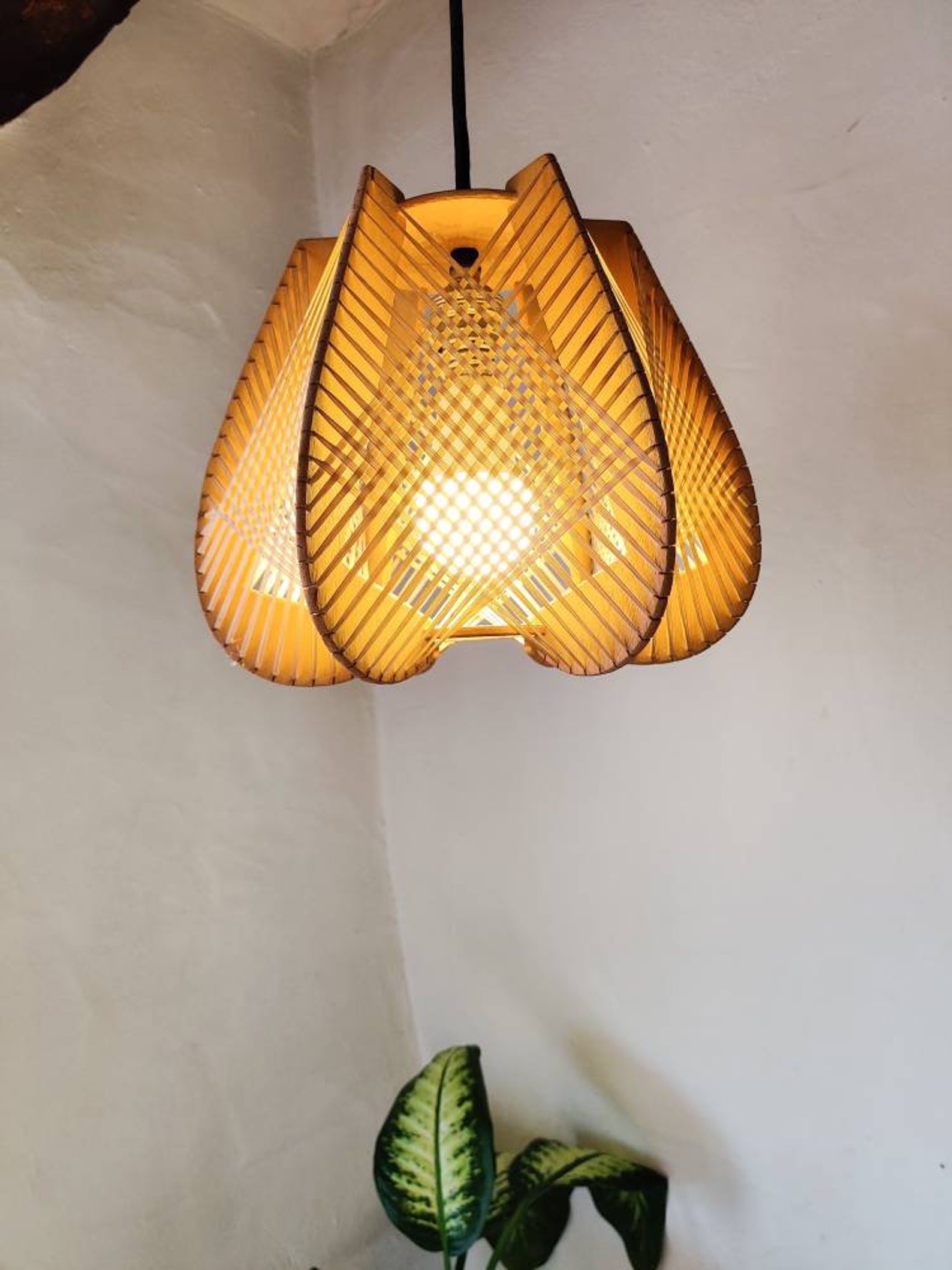 Mid Century Vintage wooden string lamp handmade / 60's Etsy