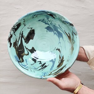 Traditional ceramic serving bowl handmade in Spain seafoam marbled image 5