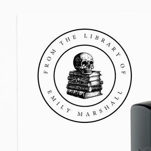 Book Stamp Skull Personalized Custom Book Stamps, Skeleton Library Stamp, Teacher Book Stamp, Book Lover Dark Academia Professor Book Stack