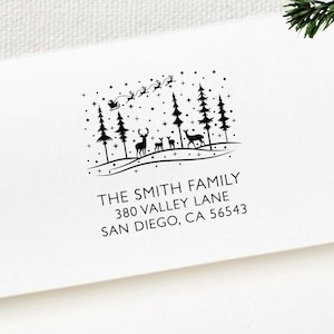 Christmas Address Stamp, Holiday Return Address Stamp, Deer Santa Sleigh Winter Family Christmas Card Stamp, Personalized Self Inking Rubber