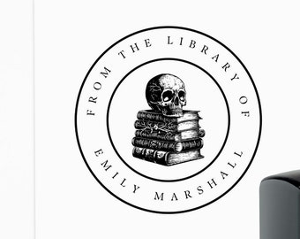 Book Stamp Skull Personalized Custom Book Stamps, Skeleton Library Stamp, Teacher Book Stamp, Book Lover Dark Academia Professor Book Stack