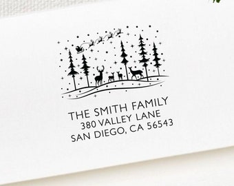 Christmas Address Stamp Holiday Return Address Stamp, Deer Santa Sleigh Winter Family Christmas Card Stamp, Personalized Self Inking Rubber