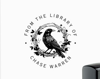 Raven Book Stamp Personalized Library Stamp Black Crow in Wreath Gothic Book Lover Gift Ex Libris Self Inking Academia Bookish Reader Gift