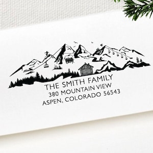 Mountain Address Stamp Personalized Ski Slope Address Stamp Custom Winter Address, Aspen Christmas Card Holiday Ski Family Housewarming Gift