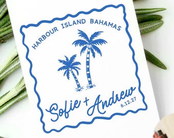 Sello para bodas de destino, sello para sobres de bodas en islas, sello personalizado con logotipo de la pareja, sello con monograma, sobres para guardar la fecha y confirmar asistencia en la costa o la playa.