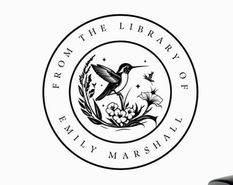 Book Stamp Personalized Bird From Library of Hummingbird Book Stamp Custom Library Stamp Self Inking, Book Lover Gift, Ex Libris Flowers