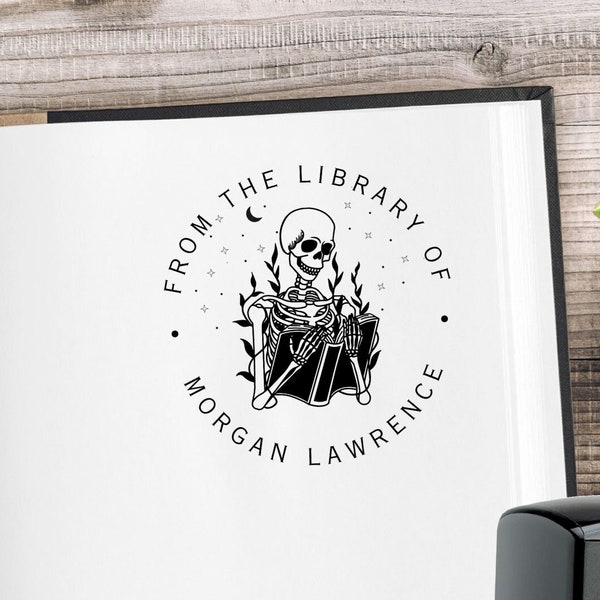 Custom Book Stamp Skeleton Personalized Library Stamp, Teacher Book Plate, Academia Reading Skeleton Personal Name Ex Libris Book Lover Gift