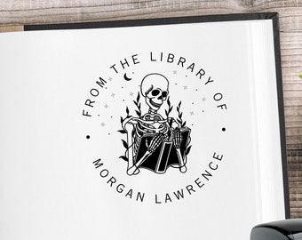 Custom Book Stamp Skeleton Personalized Library Stamp, Teacher Book Plate, Academia Reading Skeleton Personal Name Ex Libris Book Lover Gift