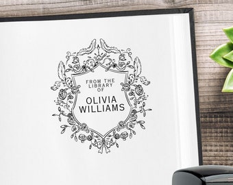 Personalized Book Stamp Custom Library Stamp, Coquette Floral Crest Ex Libris Stamp, Book Lover Gift, Custom Name Stamp Family Gift