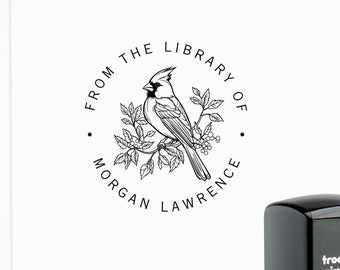 Book Stamp Custom Bird Library Stamp Cardinal Ex Libris Personalized Self Inking, Embosser Floral Book Lover Gift Bookworm Book Plate Stamp