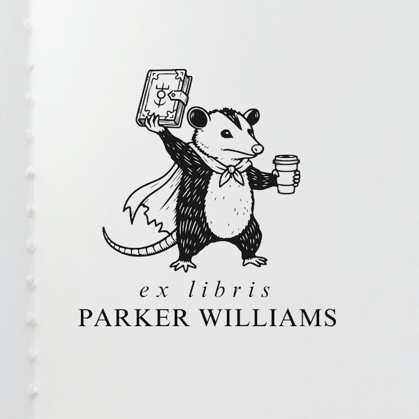 Personalized Possum Book Stamp Funny Coffee Drinking Possum Meme Ex Libris Library Stamp Custom Possum Reader Gift, Opossum Teacher Stamper