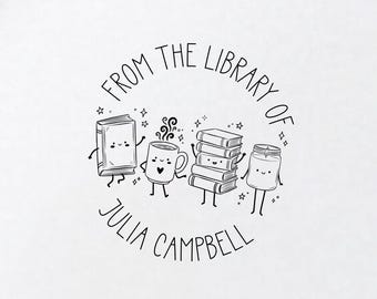 Custom Library Stamp From The Library Personalized Book Stamp, Doodle Book Lover Name Stamp, Self-Inking Bookplate Cute Bookworm Gift