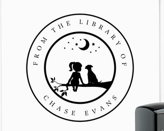Personalized Library Stamp Child Silhouette Custom Book Stamp Dog Lover Gift Library Book Stamp Dog And Girl Kids Stamp Family Dog Mom Gift