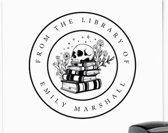 Book Stamp Skeleton Skull On Book Stack, Personal Library Stamp Gift, Gothic Teacher Book Lover, Dark Academia Student Book Worm Birthday