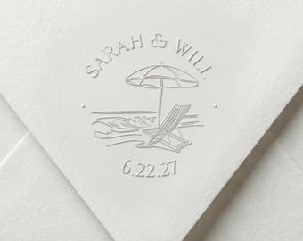 Beach Wedding Embosser Destination Wedding Envelope Seal Custom Tropical Monogram Stamp Coastal Save the Date Napkin Stationery Embossing
