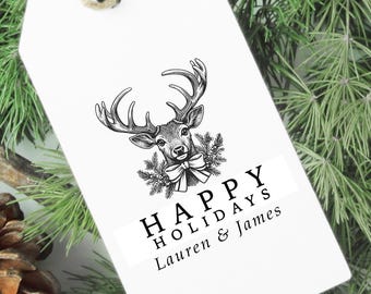 Happy Holidays Stamp Deer Antlers Merry Christmas Gift Tags Rubber Stamp Custom Holiday Cards Envelope Family Gift Couples Wedding Gift