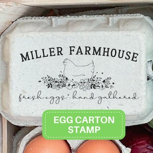 Tampon de carton d'oeufs, cartons d'oeufs personnalisés, cadeau de poulet personnalisé, idée de poulailler de fermier de basse-cour, étiquette d'étiquette de nom de ferme d'oeufs cueillis à la main