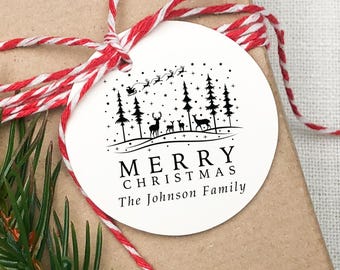 Personalized Christmas Stamp For Gift Tags Custom Merry Christmas Family Rubber Stamp Deer Santa Sleigh Stamp