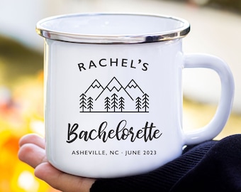 Bachelorette Favors Custom Bridal Party Mugs Camp Bach Camping Mugs, Mountain Weekend Gifts, Custom Campfire Metal Coffee Cup, Girls Memento